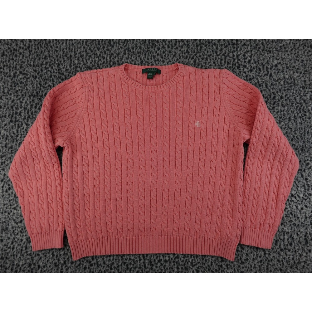 Lauren Ralph Lauren Sweater Womens XL Pink Excellent Cable Knit Cotton Crewneck